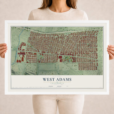 Map of West Adams, California, 18 x 24 inch print in a white wood frame