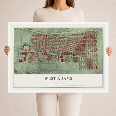 Map of West Adams, California, 24 x 36 inch print in a white wood frame