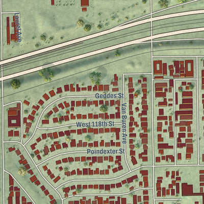 Close-up of the map of West Athens, California print showing street and building detail