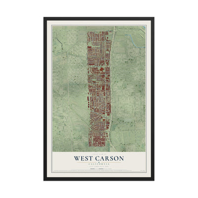 Map of West Carson, California, 12 x 18 inch print in a black wood frame