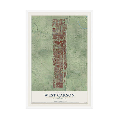 Map of West Carson, California, 12 x 18 inch print in a white wood frame