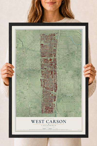 Map of West Carson, California, 18 x 24 inch print in a black wood frame