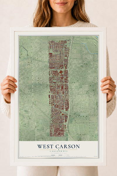 Map of West Carson, California, 18 x 24 inch print in a white wood frame