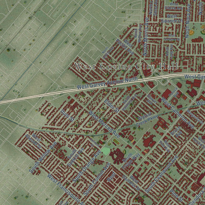 Second close-up of the map of West Covina, California print showing more streets and buildings