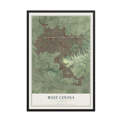 Map of West Covina, California, 12 x 18 inch print in a black wood frame