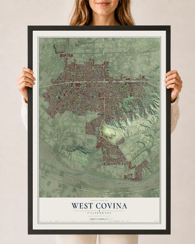 Map of West Covina, California, 24 x 36 inch print in a black wood frame