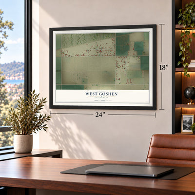 West Goshen, California map, 18 x 24 inch print in a black frame in a home office