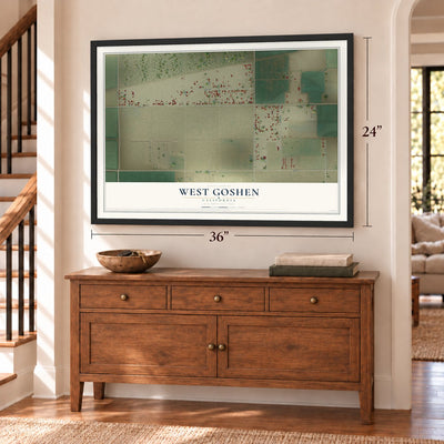 West Goshen, California map, 24 x 36 inch print in a black frame above a dresser by a staircase