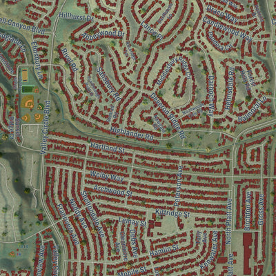 Second close-up of the map of West Hills, California print showing more streets and buildings