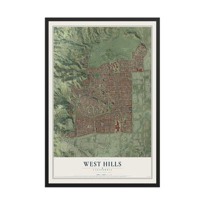 Map of West Hills, California, 12 x 18 inch print in a black wood frame
