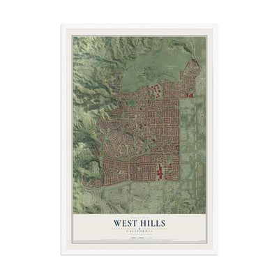 Map of West Hills, California, 12 x 18 inch print in a white wood frame