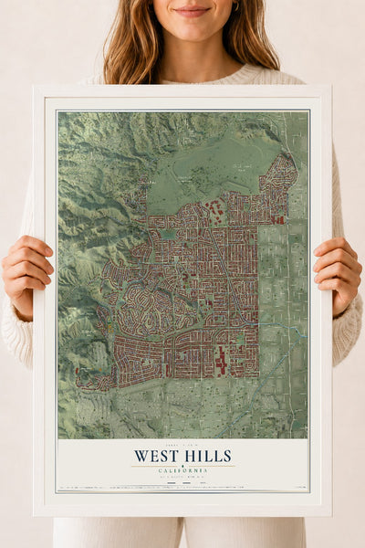 Map of West Hills, California, 18 x 24 inch print in a white wood frame