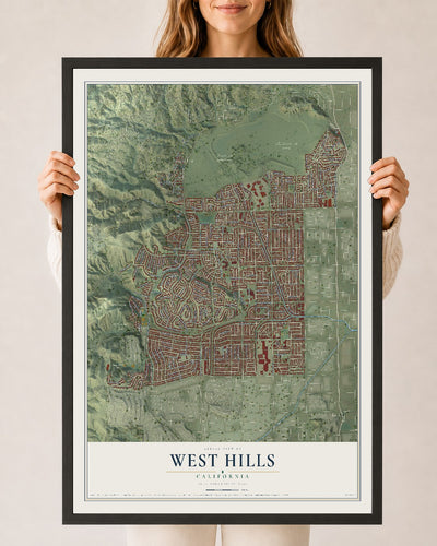 Map of West Hills, California, 24 x 36 inch print in a black wood frame