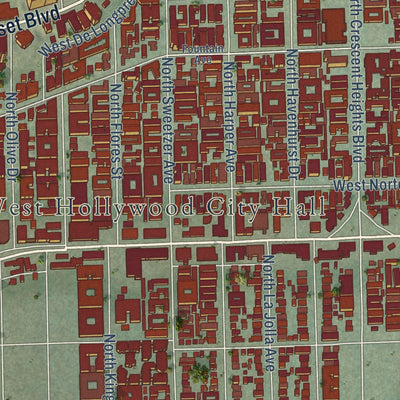 Close-up of the map of West Hollywood, California print showing street and building detail