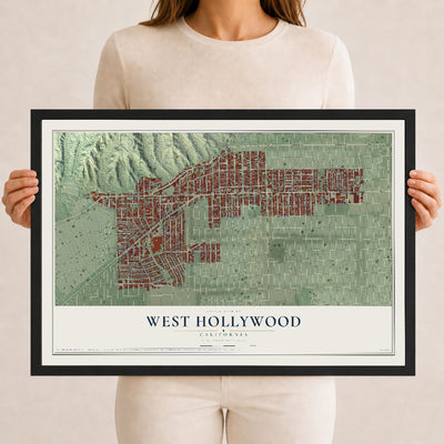 Map of West Hollywood, California, 12 x 18 inch print in a black wood frame