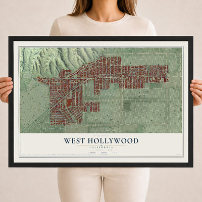 Map of West Hollywood, California, 18 x 24 inch print in a black wood frame