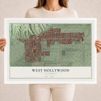 Map of West Hollywood, California, 18 x 24 inch print in a white wood frame