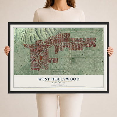 Map of West Hollywood, California, 24 x 36 inch print in a black wood frame
