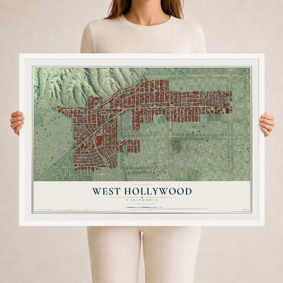 Map of West Hollywood, California, 24 x 36 inch print in a white wood frame