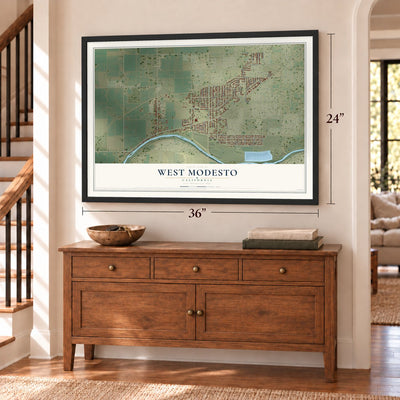 West Modesto, California map, 24 x 36 inch print in a black frame above a dresser by a staircase