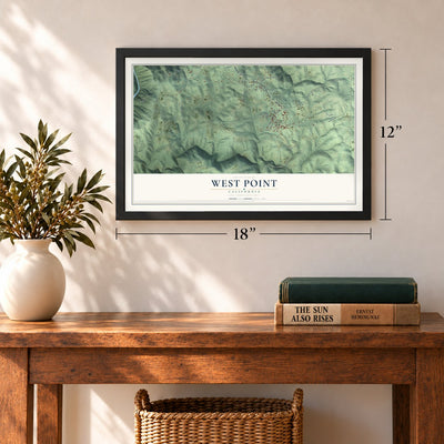 West Point, California map, 12 x 18 inch print in a black frame in an entryway