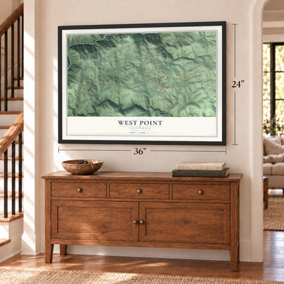 West Point, California map, 24 x 36 inch print in a black frame above a dresser by a staircase
