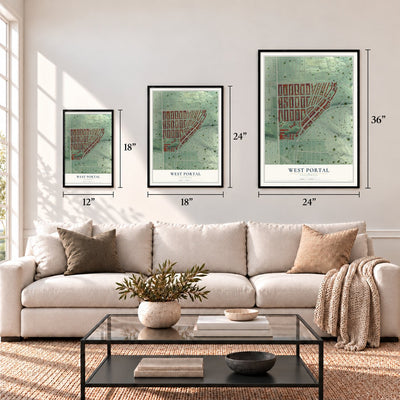 West Portal, California map in 12 x 18, 18 x 24 and 24 x 36 inch sizes above a sofa