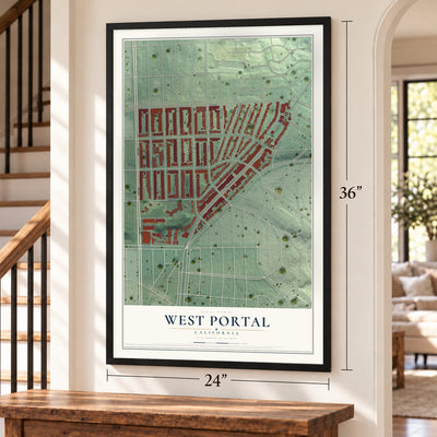 West Portal, California map, 24 x 36 inch print in a black frame by a staircase