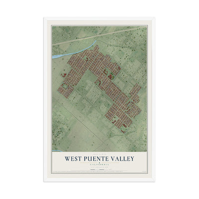 Map of West Puente Valley, California, 12 x 18 inch print in a white wood frame