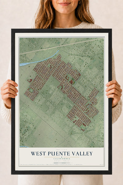 Map of West Puente Valley, California, 18 x 24 inch print in a black wood frame