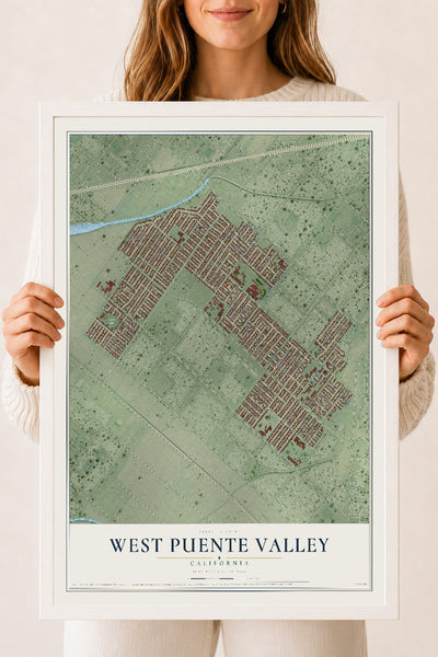 Map of West Puente Valley, California, 18 x 24 inch print in a white wood frame