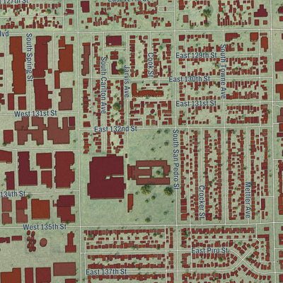 Close-up of the map of West Rancho Dominguez, California print showing street and building detail