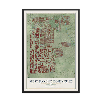 Map of West Rancho Dominguez, California, 12 x 18 inch print in a black wood frame