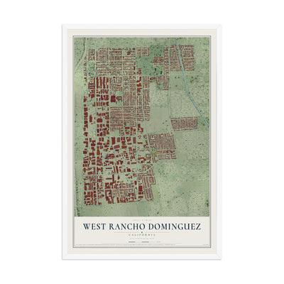Map of West Rancho Dominguez, California, 12 x 18 inch print in a white wood frame