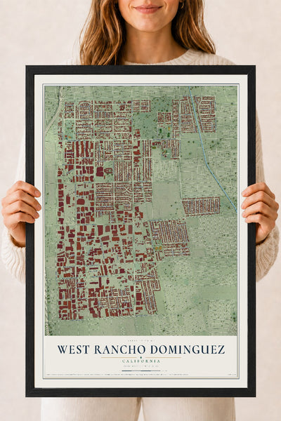 Map of West Rancho Dominguez, California, 18 x 24 inch print in a black wood frame