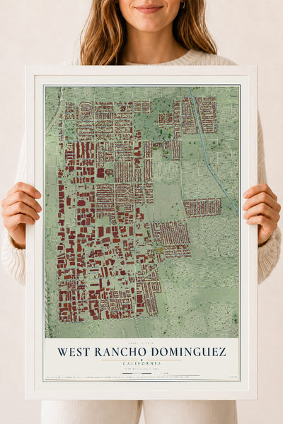 Map of West Rancho Dominguez, California, 18 x 24 inch print in a white wood frame