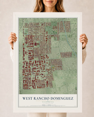 Map of West Rancho Dominguez, California, 24 x 36 inch print in a white wood frame
