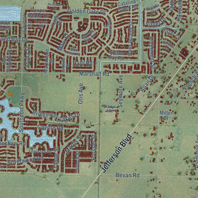 Second close-up of the map of West Sacramento, California print showing more streets and buildings