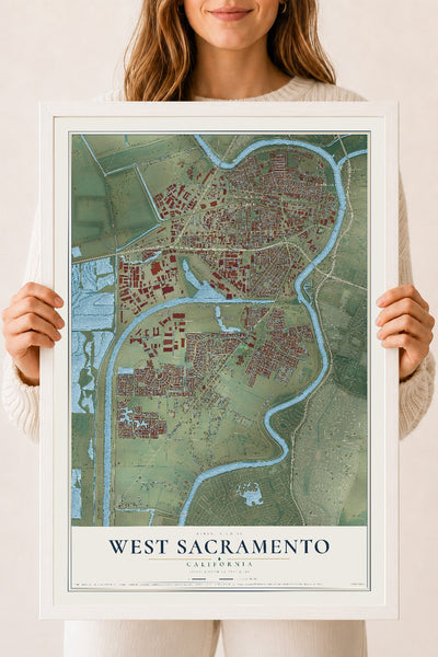 Map of West Sacramento, California, 18 x 24 inch print in a white wood frame