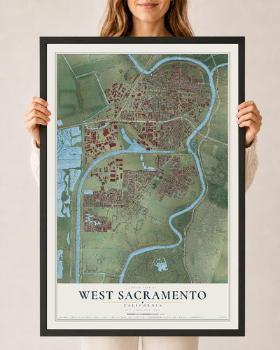 Map of West Sacramento, California, 24 x 36 inch print in a black wood frame