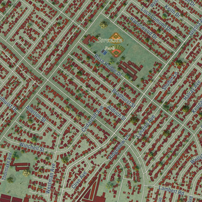 Close-up of the map of West Whittier-Los Nietos, California print showing street and building detail