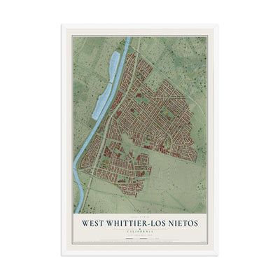 Map of West Whittier-Los Nietos, California, 12 x 18 inch print in a white wood frame