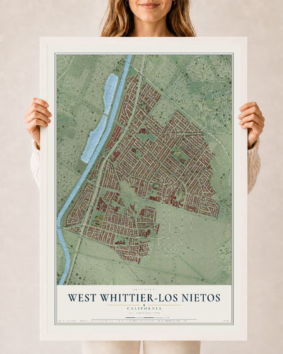 Map of West Whittier-Los Nietos, California, 24 x 36 inch print in a white wood frame