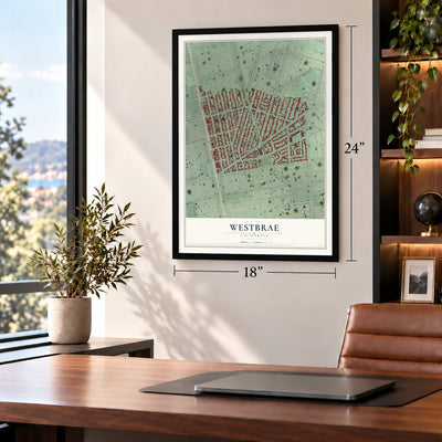 Westbrae, California map, 18 x 24 inch print in a black frame in a home office