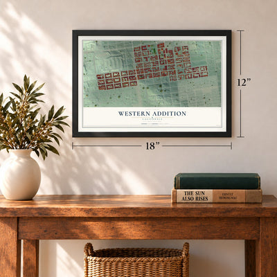 Western Addition, California map, 12 x 18 inch print in a black frame in an entryway