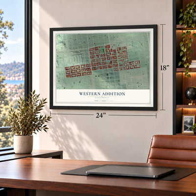 Western Addition, California map, 18 x 24 inch print in a black frame in a home office
