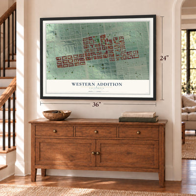 Western Addition, California map, 24 x 36 inch print in a black frame above a dresser by a staircase