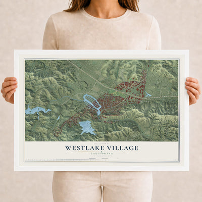 Map of Westlake Village, California, 12 x 18 inch print in a white wood frame