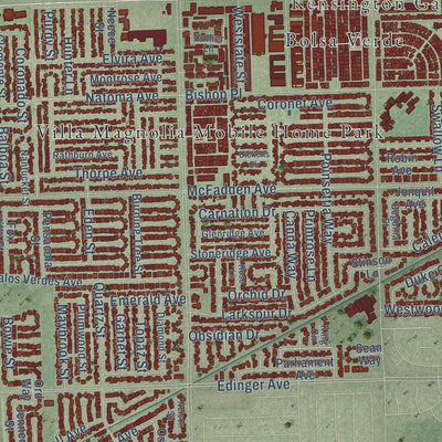 Close-up of the map of Westminster, California print showing street and building detail