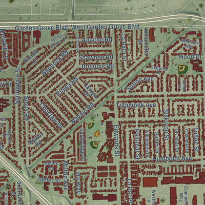 Second close-up of the map of Westminster, California print showing more streets and buildings